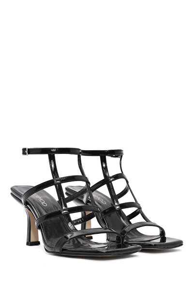 Derimod Women's Black Ankle Buckle Thin Heeled Shoes Patent Leather Sandals 25Sfe391016