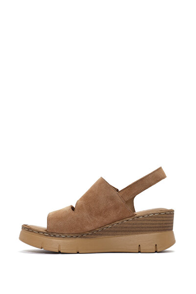 Derimod Women's Tan Thick Soled Ankle Buckle Suede Genuine Leather Comfort Sandals 25Sfd342010