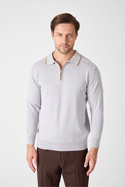 Frappoli Solin Men's Light Gray Italian Ribbed Zippered Cotton Sports Polo Collar