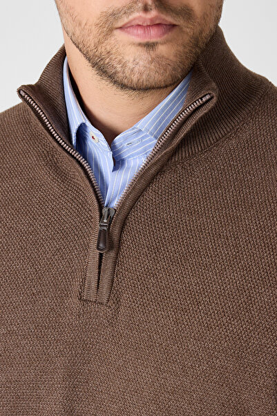 Frappoli Мъжки пуловер с половин цип от памучна смес в цвят кафе от Tolex