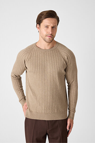 Frappoli Solen Men's Mink Italian Ribbed Cotton Crew Neck Sweater