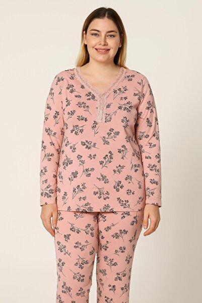 Sude Women's Bamboo Plus Size Long Sleeve V-Neck Embroidered Thin Pajama Set P/4357- 1 Piece