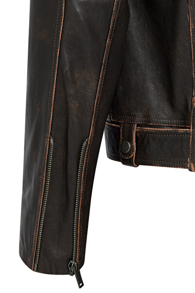 Derimod Lugano Women's Brown Vintage Biker Leather Jacket 24Wgd5278Vd