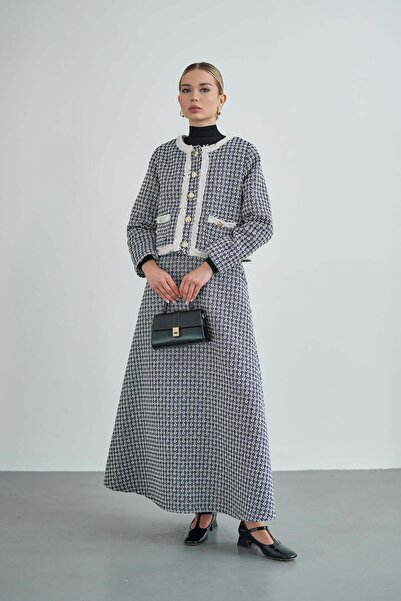 Molly Nelly طقم جاكيت وتنورة نسائي مطوي - تويد مبطن