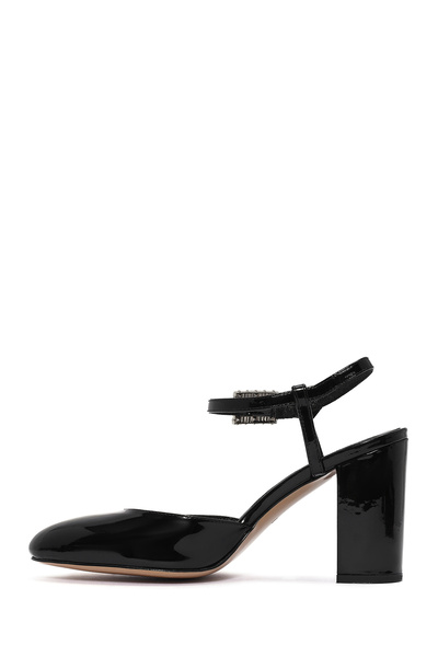 Derimod Women's Black Ankle Strap Stone Thick Heeled Leather Shoes 24Wfd 230616