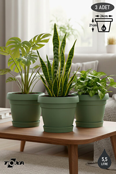 ToXA 3 Adet 5,5 Litre Mono Saksı Seti Tabaklı Drenaj Delikli Plastik Çiçek Sa...
