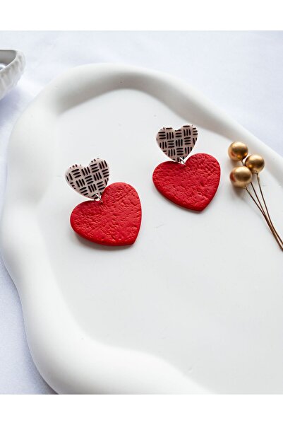 BeuBella Aksesuar Özel Tasarım Polimer Kil Kırmızı ve Ekose Kalp Küpe