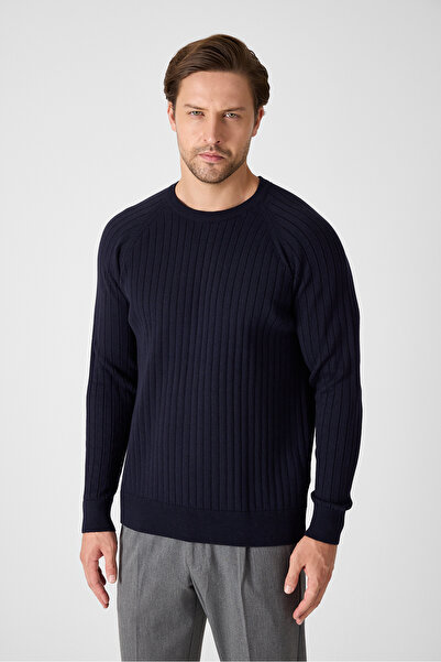 Frappoli Ανδρικό πουλόβερ Solen σε μπλε ναυτικό χρώμα, ιταλικής κατασκευής, από βαμβακερό κορδόνι με λαιμόκοψη