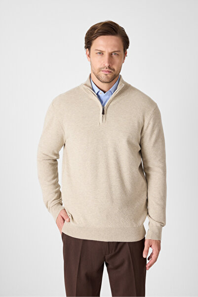 Frappoli Ανδρικό πουλόβερ Tolex σε μπεζ χρώμα, από βαμβακερό μείγμα με μισό φερμουάρ