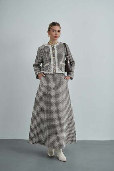 Molly Nelly Women's Brown Lined Tweed Jacket Skirt Hijab Set