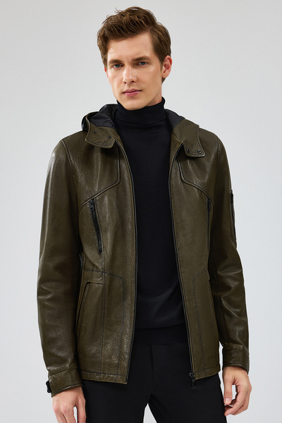 Derimod John Erkek Yeşil Kapüşonlu Deri Mont 24WGD6531JB