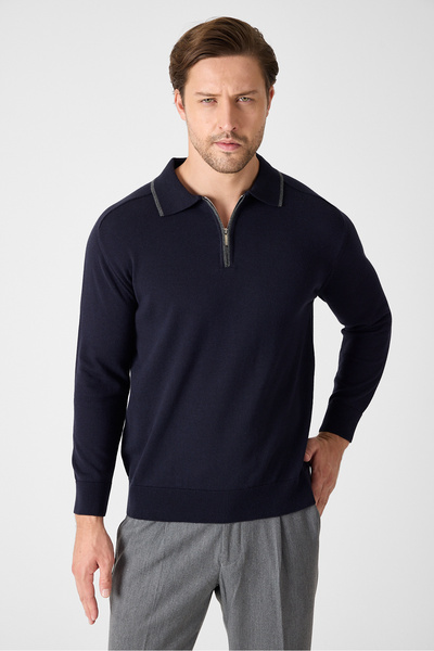 Frappoli Solin Men's Navy Blue Italian Ribbed Zippered Cotton Sports Polo Collar