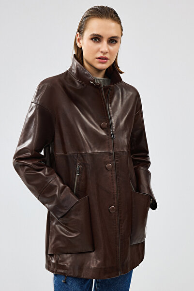 Derimod Dalida Kadın Kahverengi Oversize Deri Ceket 24WGD5212HN