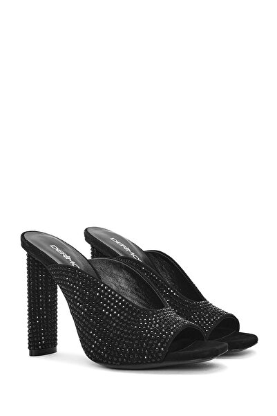 Derimod Kadın Siyah Kalın Yüksek Topuklu Taşlı Deri Terlik 24WFD1229TS