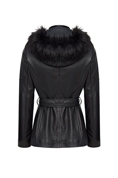 Derimod Rebecca Kadın Siyah Yaka Kürklü Deri Mont 24WGE52092H