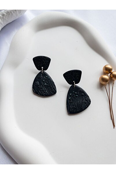 BeuBella Aksesuar Special Design Black and Green Glitter Polymer Clay Flower Detail Earrings