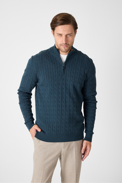 Frappoli Focus Мъжки пуловер от памучна смес с тъмнозелена коса и половин цип