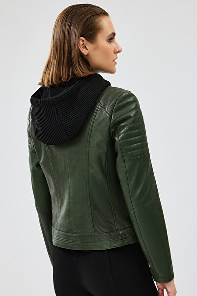 Derimod Zoom Kadın Haki Kapüşonlu Kısa Deri Ceket 24WGD5018VE