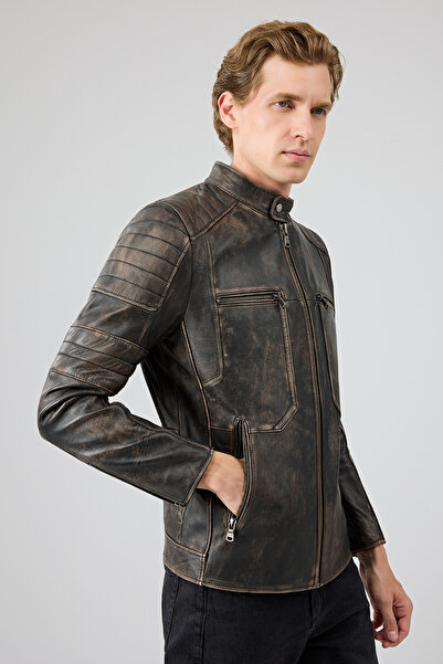 Derimod Morant Erkek Kahverengi Vintage Slim-Fit Deri Ceket 24WGF6554G6