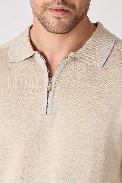 Frappoli Solin Men's Beige Italian Ribbed Zippered Cotton Sports Polo Collar