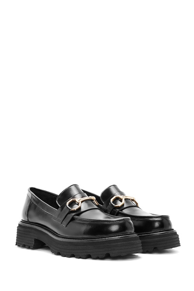 Derimod Kadın Siyah Tokalı Hakiki Deri Maskülen Loafer, Casual Ayakkabı, Günlük Ayakkabı 24WFD189122