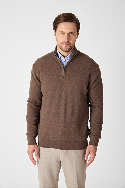 Frappoli Мъжки пуловер с половин цип от памучна смес в цвят кафе от Tolex