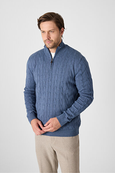 Frappoli Pulover din bumbac cu jumătate de fermoar pentru bărbați Satka, cu împletitură groasă de păr indigo