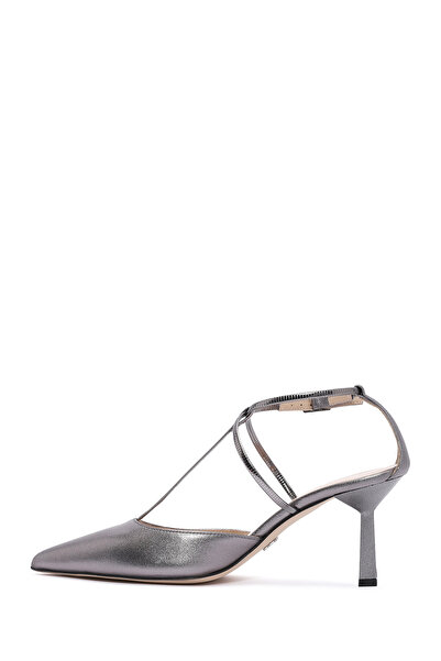 Derimod Women's Gray Ankle Strap Thin Heeled Metallic Leather Shoes 24Wfd 122732