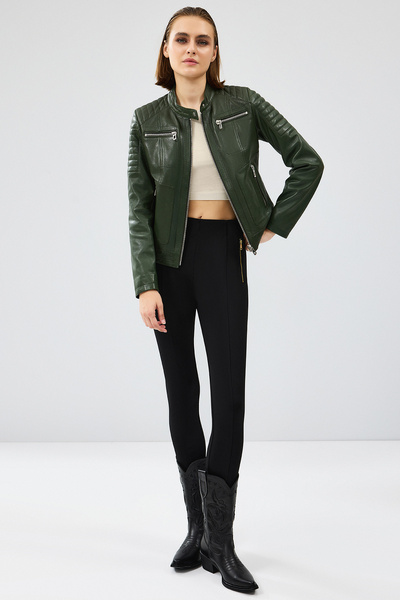 Derimod Zoom Kadın Haki Kapüşonlu Kısa Deri Ceket 24WGD5018VE