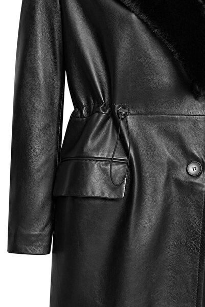 Derimod Juliet Kadın Siyah Kürklü Deri Pardösü 24WGE52151M