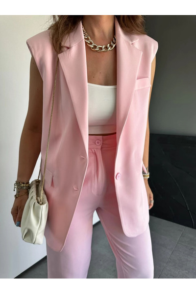 GAMZE ALPTEKİN بدلة سراويل مبطنة ماركة Zr Model - سترة طويلة من الجزر بلون سادة