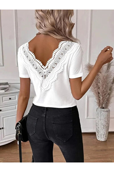 ARONA Women's Short Sleeve V Neck Back Lace Viscose Blouse