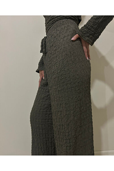 Auralist Boutıque Kadın Bürümcük Kumaş Koyu Yeşil Bol Paça Pantolon