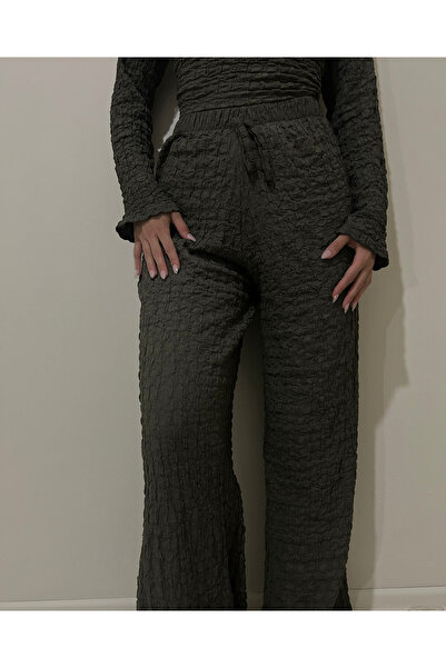 Auralist Boutıque Kadın Bürümcük Kumaş Koyu Yeşil Bol Paça Pantolon