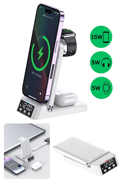 PLEMORY Încărcător wireless 4 în 1, Qi, încărcător rapid 25W, alb