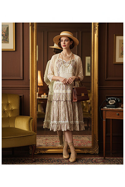 Namaste Vintage Krem renk çiçek desenli vintage model askılı elbise (Ponpon ve Payet Detaylı)