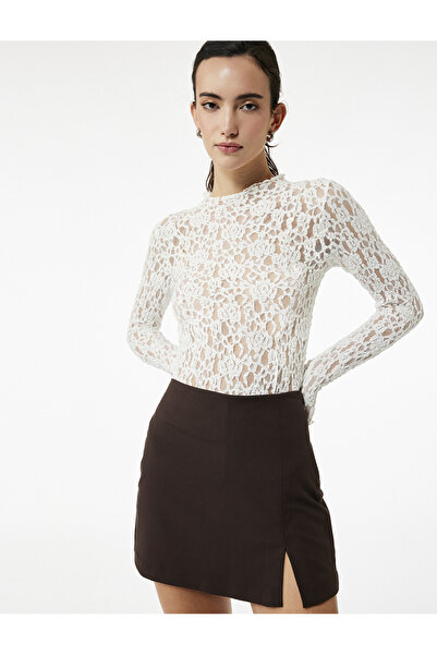 Koton Bluză din dantelă cu mâneci lungi, semi-transparentă, slim fit, cu detalii cu volane