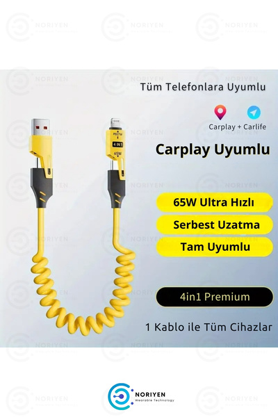 Noriyen Süper Hızlı 65w 4in1 Turbo ve Hızlı Şarj Micro + Type-C + Lightning 3 Uçlu Premium Şarj Kablosu