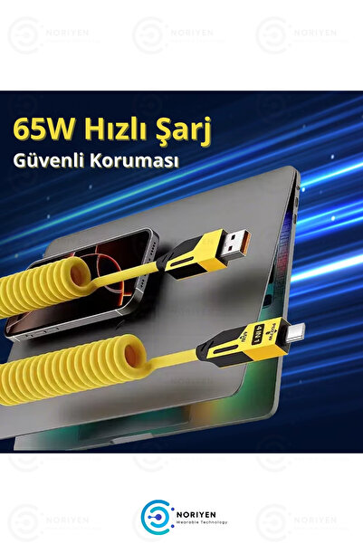 Noriyen Süper Hızlı 65w 4in1 Turbo ve Hızlı Şarj Micro + Type-C + Lightning 3 Uçlu Premium Şarj Kablosu