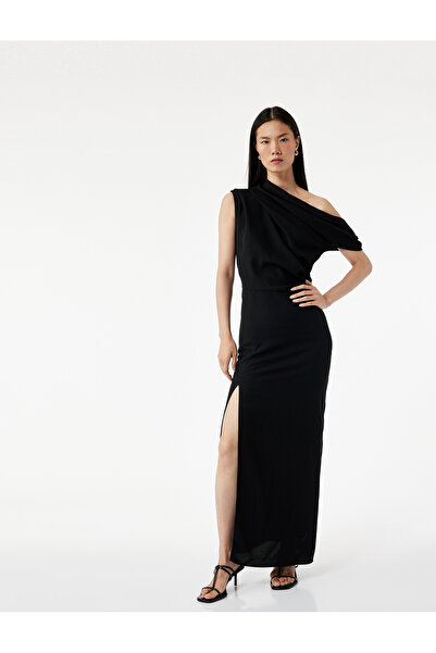 Koton Krep Kumaş Asimetrik Kesim Drapeli Yırtmaçlı Midi Boy Tek Omuz Elbise