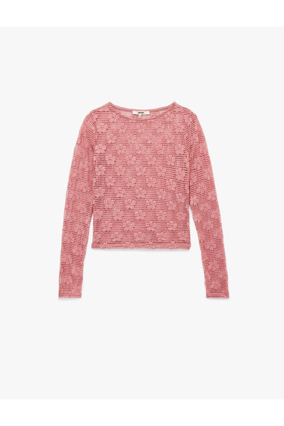 Koton Transparan Uzun Kollu Bisiklet Yaka Çiçekli Dantelli Bluz