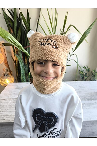 Şimo Butik Girls Boys Unisex Self-Necked Beanie with Plush Figure Soft Ear Protection Light Brown