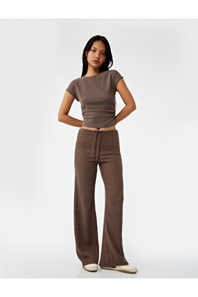 Koton High Waist Comfortable Fit Wrinkle Viscose Blend Wide Leg Pants with Tie-Up Waist