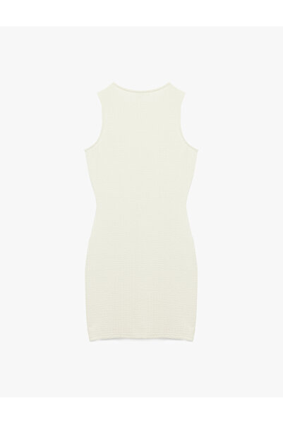 Koton Slim Fit Asymmetrical Cut Accessory Detail Sleeveless Crew Neck Mini Pencil Dress