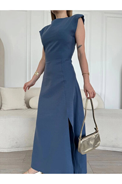 Flexium Linen Side Slit Long Dress Zero Sleeve Dress - Blue