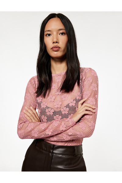 Koton Transparan Uzun Kollu Bisiklet Yaka Çiçekli Dantelli Bluz