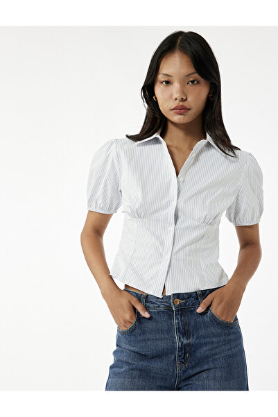 Koton Pamuklu Klasik Yaka Kısa Kollu Düğmeli Balon Kollu Poplin Crop Gömlek