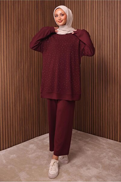 TRENDTESETTÜR Women's Burgundy Stone Printed Pants Suit t 2535