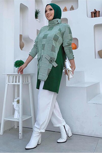 TRENDTESETTÜR WOMEN'S GREEN (ZEMRUT) THROAT COLLAR KNITWEAR TUNIC T 1834