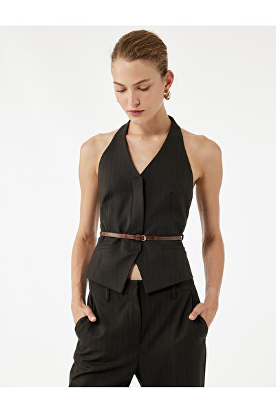 Koton Sleeveless Buttoned Belted Halter Neck Vest